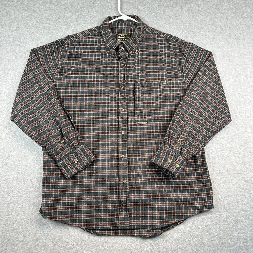 Drake Waterfowl Flannel Shirt Mens XL Button Up Long Sleeve Gray Red Plaid